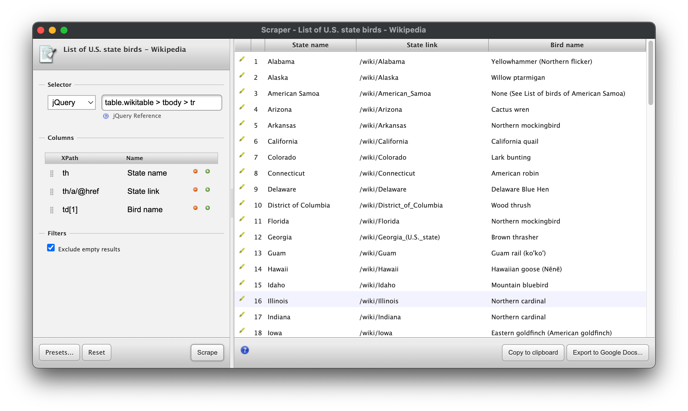 Screenshot of the scraper interface showing the selectors described