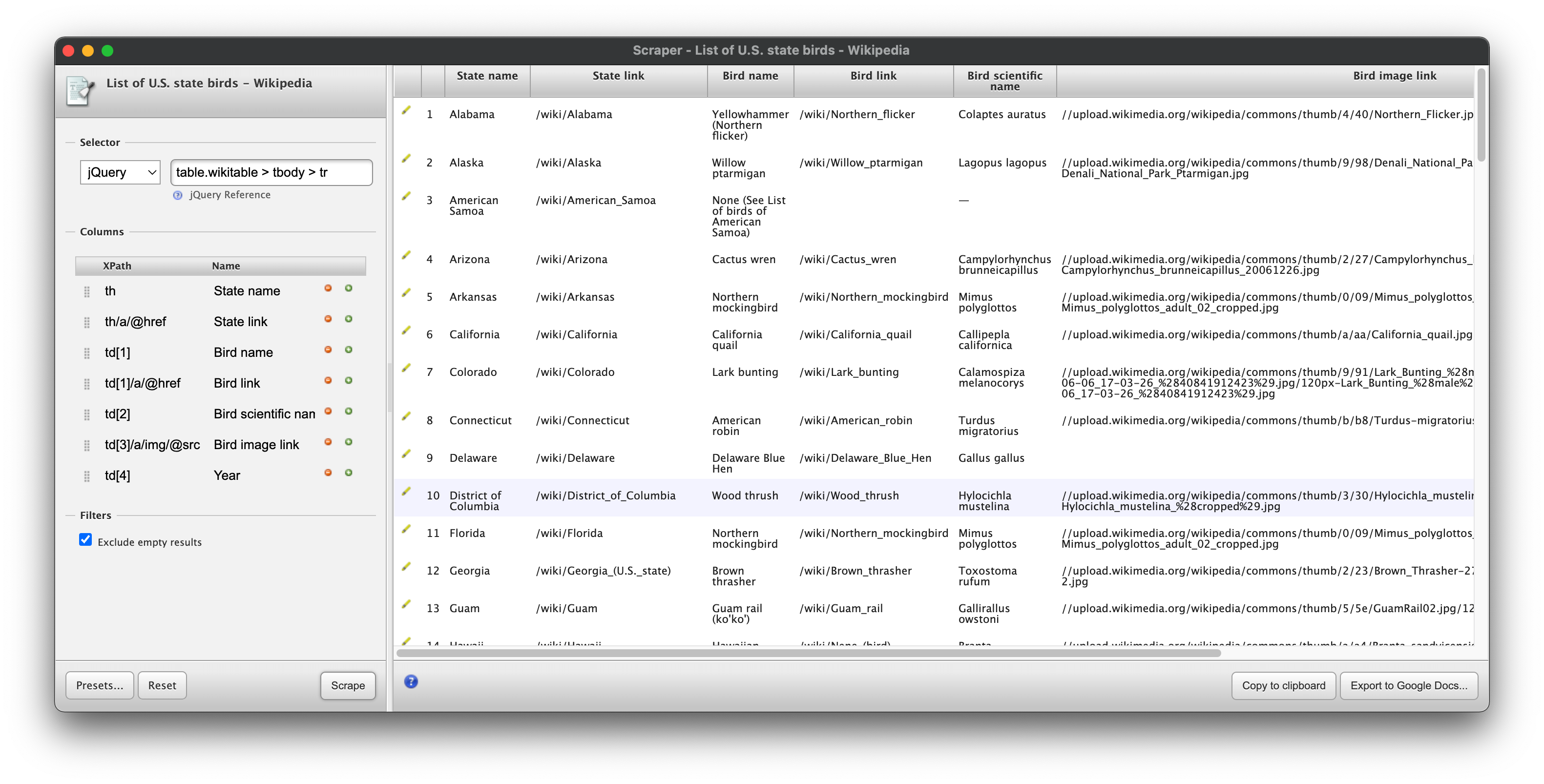 screenshot of scraper interface with all selectors
